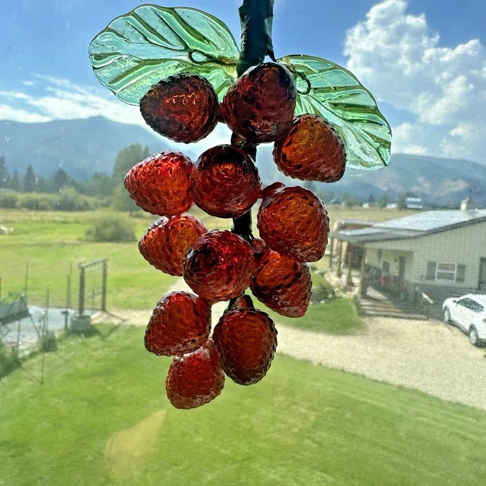 Textured Glass Berry Cluster Ornament Amber Red Green Leaves 6.5